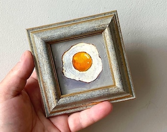 Fried Egg Miniature Oil Painting, Framed Kitchen Still Life Art 3x3 Original Artwork
