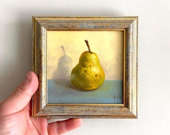 Pear small kitchen art Original oil painting Framed still life Dining Decor Housewarming gift