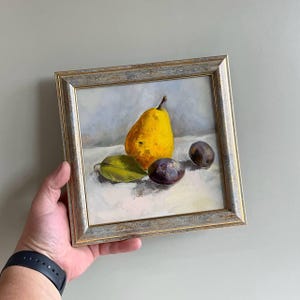 Pear & Plums kitchen art Original oil painting Fruit still life Small food painting 6x6 in framed art Classic oil artwork Housewarming gift