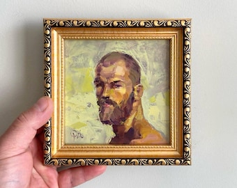 Abstract Faceless Oil Painting 5x5" Surreal Male Art Impasto Man Portrait Expressive Framed