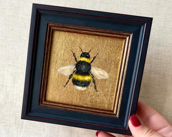 Hand-Painted Bee oil painting: Gold leaf background, framed insect kitchen art