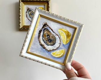 Original oil painting: Oyster with Lemon, Coastal framed art