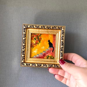 Small painting a black cat, 3*3” Oil painting framed, Small kitchen art, Original handmade painting, Tiny artwork, Pet lover gift, gift her