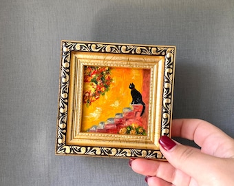 Small painting a black cat, 3*3” Oil painting framed, Small kitchen art, Original handmade painting, Tiny artwork, Pet lover gift, gift her