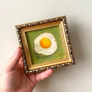 Fried egg small oil painting Framed kitchen art Realistic food wall art Miniature hand painted 4x4 Still life original artwork Gift for Mom