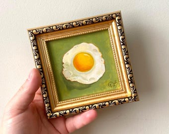 Fried egg small oil painting Framed kitchen art Realistic food wall art Miniature hand painted 4x4 Still life original artwork Gift for Mom