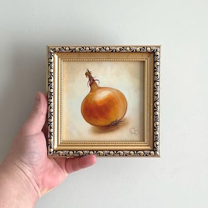 Onion small kitchen art Original oil painting in a frame Fruit still life Dining Room Decor Classic vegetable artwork Housewarming gift