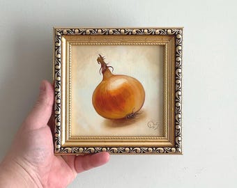 Onion small kitchen art Original oil painting in a frame Fruit still life Dining Room Decor Classic vegetable artwork Housewarming gift