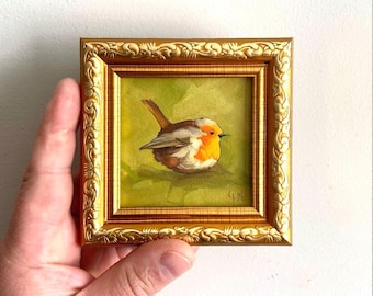 Robin tiny original oil painting. Framed hand painted 3x3" Tiny bird art Kitchen decor.
