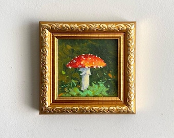 Mushroom Original Oil Painting: Tiny Framed Kitchen Art Fly Agaric Goblincore Decor 3x3" Cottagecore