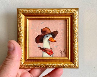Goose tiny оriginal oil painting. Framed hand painted 3x3" Bird Art Duck Pet Lovers Western Farm Decor