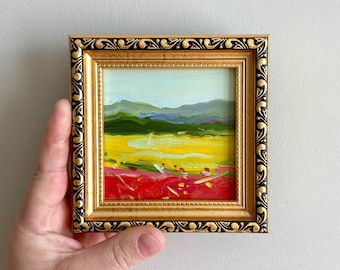 Abstract Original Oil Painting. 4x4" Framed California Landscape. Textured Farmhouse Decor. Small Hand-Painted Art