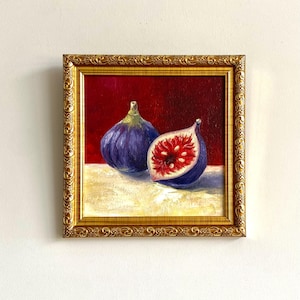 Fig oil painting in a frame, 4x4” Small kitchen art, Fruit still life original oil artwork, Fig art, Dining room decor, Gift for her