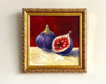 Fig oil painting 4x4”: Small framed kitchen still life art