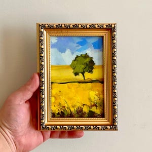 Abstract Oak Tree Oil Painting, Yellow modern original art, Small wall decor, Impasto Countryside painting.