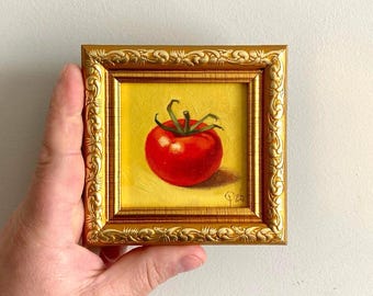 Red Tomato Original Oil Painting: Small Framed Kitchen Still Life Art 3*3 Artwork