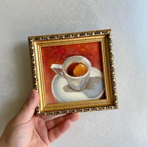 Coffee cup Small kitchen art, food oil painting, Contemporary art in a frame, Dining room decor, Classic oil artwork