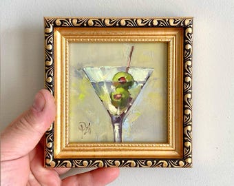 Martini Original Oil Painting. Small Kitchen Decor. Abstract Olive Cocktail Art 4x4" Hand-Painted