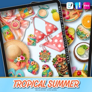 May include: A digital illustration featuring a variety of tropical summer-themed stickers. Includes a pink polka dot bikini, a straw hat with flowers, a parrot, and a tiki mask. The text "TROPICAL SUMMER" is displayed at the bottom.