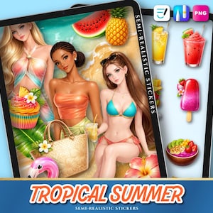 May include: Digital illustration of a tropical summer theme. The image features three women, tropical fruits, drinks, and stickers. The text "TROPICAL SUMMER" is displayed at the bottom. The overall color scheme is bright and summery.