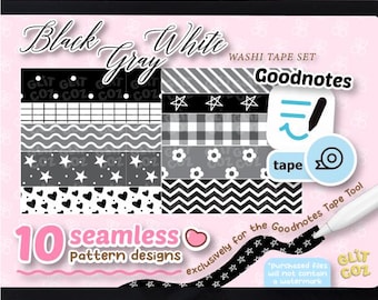 Schwarz Grau Weiß - Washi Tape Set (digitales Washi Tape) für Goodnotes Tape Tool, Ipad Muster Tape dekorieren grau einfarbig GLITCOZ