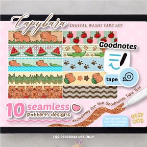 カピバラ - Goodnotes 用和紙テープセット (デジタル和紙テープ) テープツール、かわいい、カワイイ、iPad、プランナー、勉強、日記、漫画、落書き、アップル