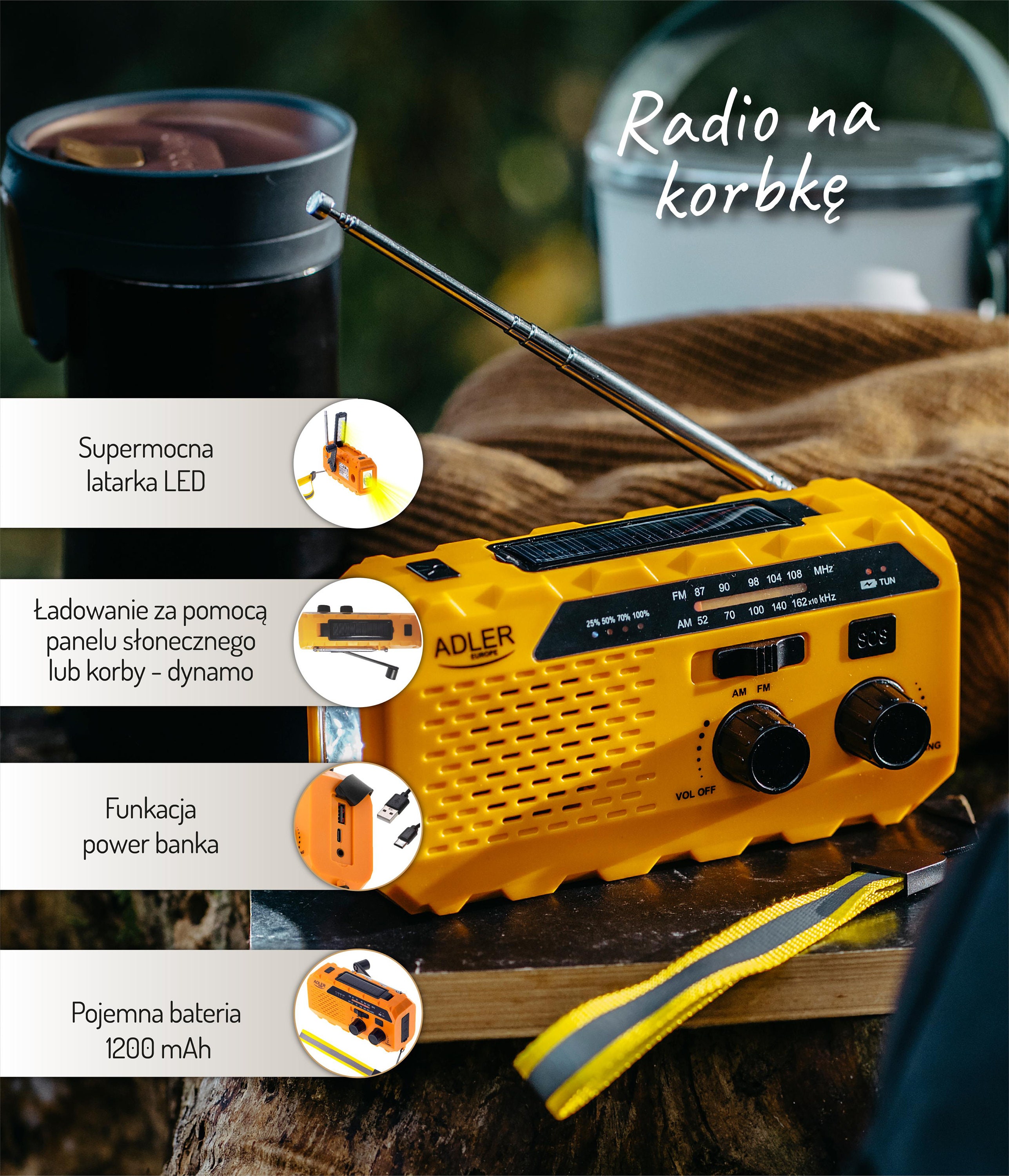 Portable solar tourist camping 3 ways charging flashlight SOS signal 1200MAH
