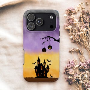 Halloween Phone Case with Black Cat , Bats and Pumpkin or Cat Lover, Tough Phone Case, MagSafe iPhone Case, iPhone 17, S26