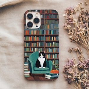 Bookish Tuxedo Cat Phone Case for iPhone or Galaxy, Gift for Reader, Cat Lover, Librarian, Tough Case, Magsafe Option, iPhone 17, S26
