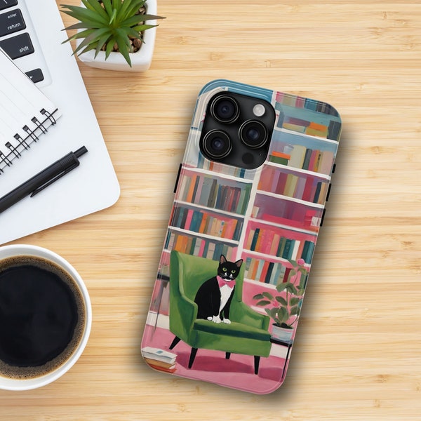 Bookish Tuxedo Cat Mid-Century Modern Library Pink Green iPhone Case, Gift for Reader, Cat Lover, Mom, Teacher, Librarian, Tough Phone Case