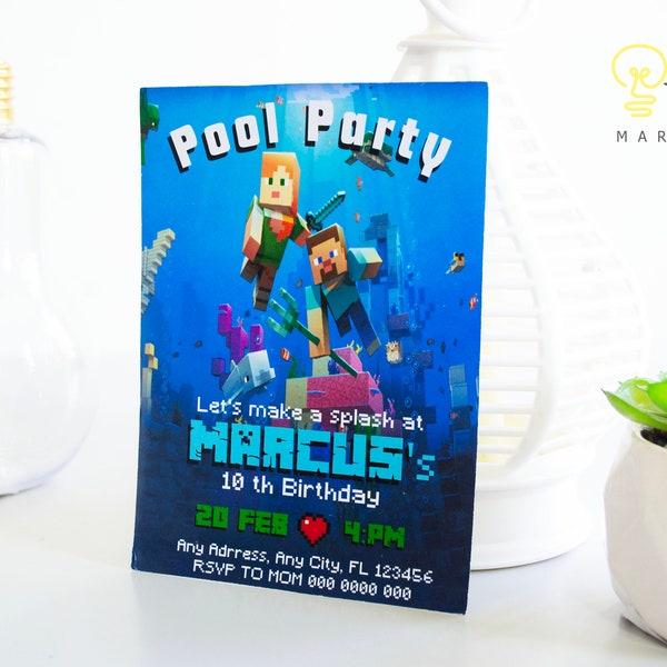 Minecraft Pool Geburtstagseinladung | Bearbeitbar Minecrafter Pool Party Einladung | Minecrafter Geburtstagseinladungen für Canva | Pool-Party