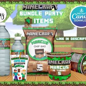 Minecraft Bundle Party, Minecraft Birthday Bundle Party, Minecraft Chips Bag, Water Label, Pringles, Chocolate Bar Hershey, Canva Template