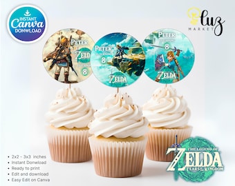 The Legend of Zelda Birthday Cup Cakes Toppers Design Digital Download,Zelda Tears Of The Kingdom, Birthday Party, Game on Cup Cakes