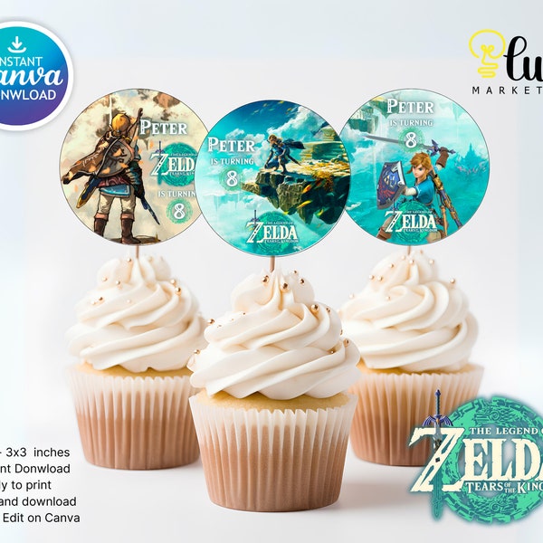 The Legend of Zelda Birthday Cup Cakes Toppers Design Digital Download,Zelda Tears Of The Kingdom, Birthday Party, Game on Cup Cakes