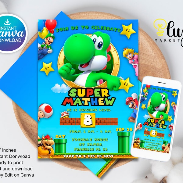 Yoshi Birthday Boy Invite | Yoshi Birthday Invitation | Yoshi Birthday Party Theme Card | Digital Invite | Kids Birthday Invitation 5x7