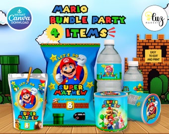 Kit modifiable Super Mario Kids Party Bundle, modèle imprimable, sac à jetons d'anniversaire pour enfants, étiquettes modifiables pour enfants, emballage imprimable, modifiable