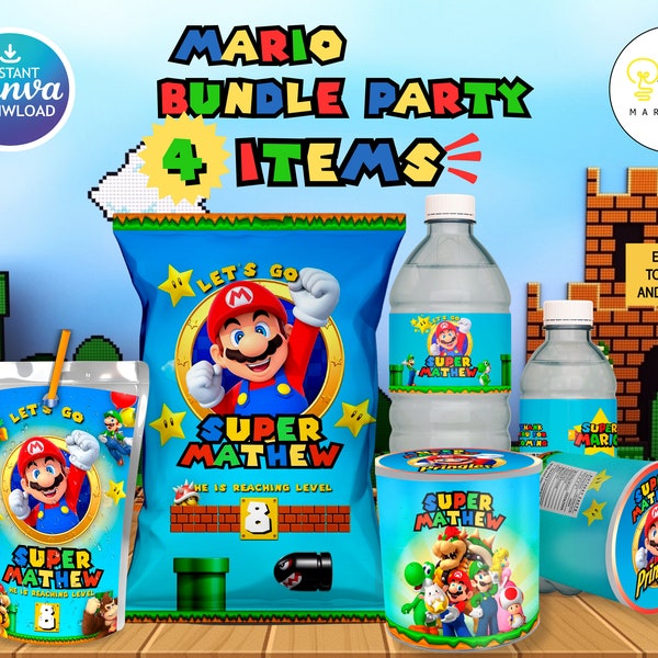 Editable Super Mario Kids Party Bundle Kit, Template Printable, kids Birthday chip bag, kids Editable labels, printable wrapper, editable