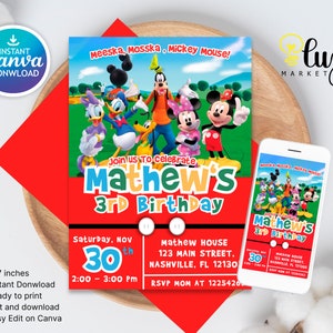Mickey Mouse First Birthday Invitation Boy Party Editable Template ...