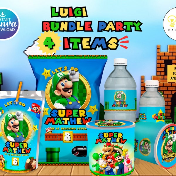 Kit modifiable Super Luigi Kids Party Bundle, modèle imprimable, sac de chips d’anniversaire pour enfants, étiquettes modifiables pour enfants, emballage imprimable, modifiable