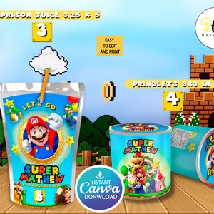 Editable Super Mario Kids Party Bundle Kit, Template Printable, kids Birthday chip bag, kids Editable labels, printable wrapper, editable image 3