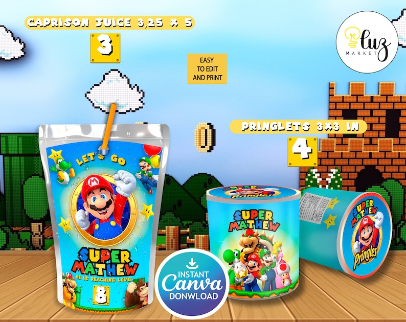 Editable Super Mario Kids Party Bundle Kit, Template Printable, kids Birthday chip bag, kids Editable labels, printable wrapper, editable image 3