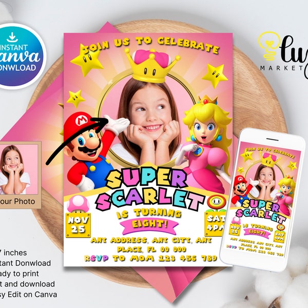 Invitación de la princesa Peach Super Mario Princess Birthday Invitar Descarga instantánea Invitación a la fiesta de Peach Plantilla Canva