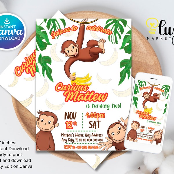 Boy 1st birthday, editable template, Printable Curious George birthday invitation, monkey invite, ape invitation, Curious George party