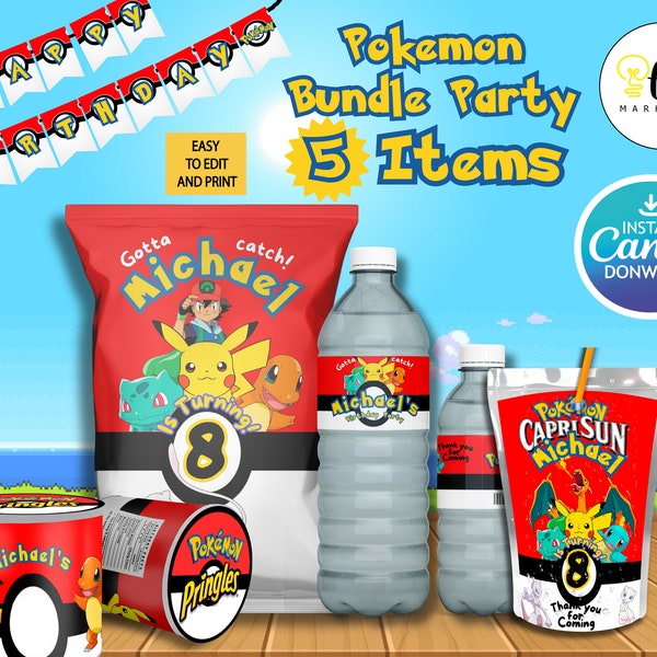 Pokemon Birthday Party Bundle - Pokemon Party Treats - Chip Bag - Capri Sun labels - Water Bottle Labels - Personalized - DIGITAL FILE