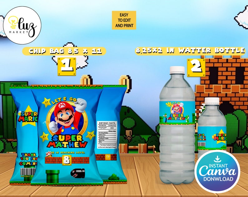 Editable Super Mario Kids Party Bundle Kit, Template Printable, kids Birthday chip bag, kids Editable labels, printable wrapper, editable image 2