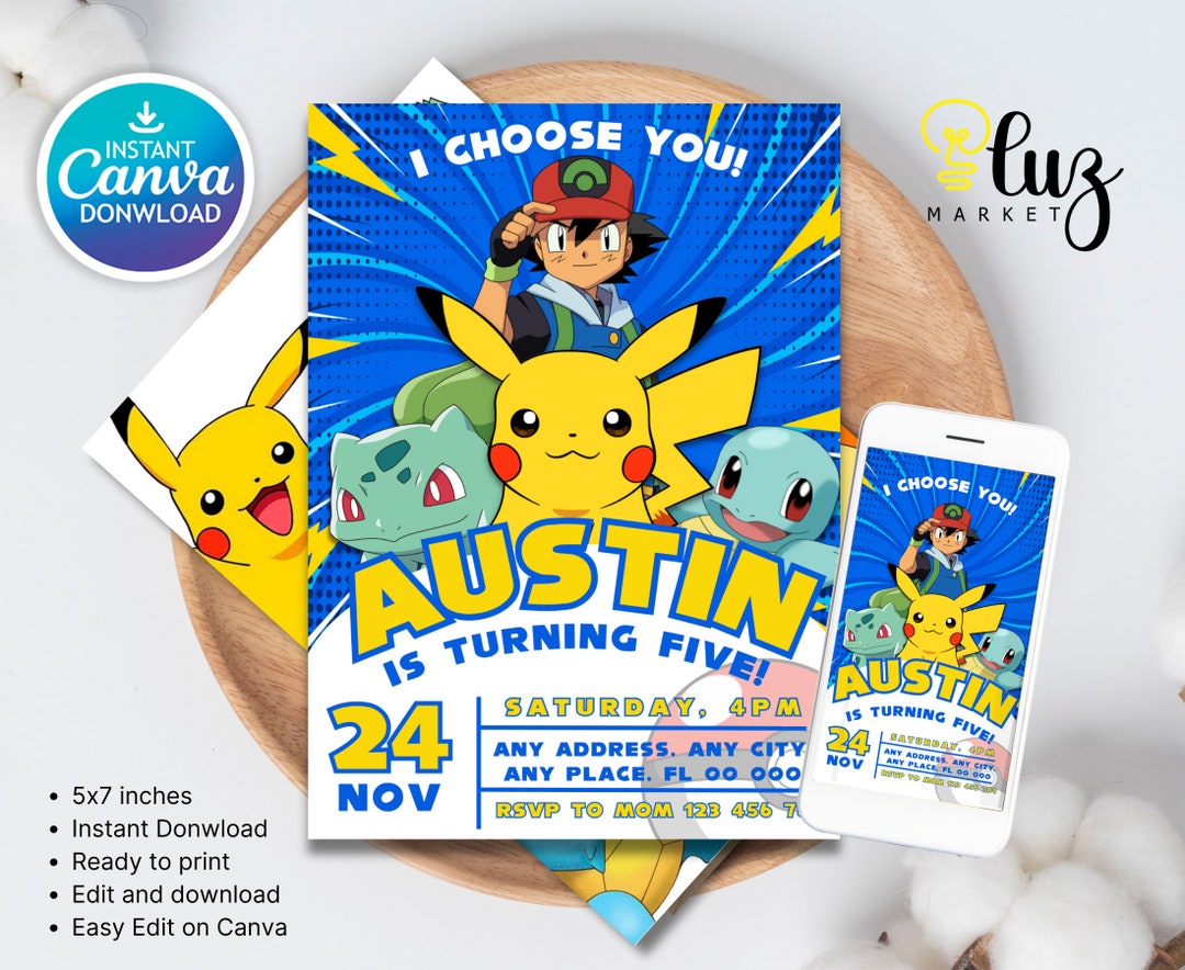 Pokemone Birthday Invitation, Pokemon Birthday Invitation, Pokemon Invitation, Pikachu