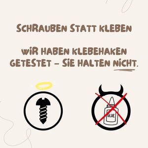 Puede incluir: Un dise&ntilde;o gr&aacute;fico con el texto "SCHRAUBEN STATT KLEBEN" y "WIR HABEN KLEBEHAKEN GETESTET &ndash; SIE HALTEN NICHT." Debajo, un icono de tornillo negro con un halo amarillo dentro de un c&iacute;rculo, y una botella de pegamento en un c&iacute;rculo con una X roja.
