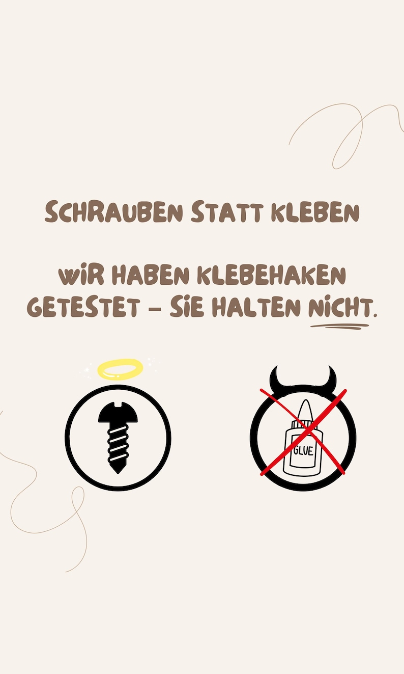 Puede incluir: Un dise&ntilde;o gr&aacute;fico con el texto "SCHRAUBEN STATT KLEBEN" y "WIR HABEN KLEBEHAKEN GETESTET &ndash; SIE HALTEN NICHT." Debajo, un icono de tornillo negro con un halo amarillo dentro de un c&iacute;rculo, y una botella de pegamento en un c&iacute;rculo con una X roja.