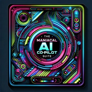 Könnte beinhalten: Ein farbenfrohes Grafikdesign mit dem Text "THE MANIACAL AI CO-PILOT SUITE". Das Design zeigt konzentrische Kreise, Linien und geometrische Formen in Blau-, Grün-, Rosa- und Lilatönen, wodurch eine futuristische Ästhetik entsteht.