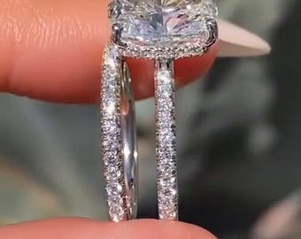 3 CT Elongated Cushion Cut Moissanite Engagement Ring Set: 14K Solid Gold Ring Set, Pave Setting, Hidden Halo Ring, Bridal Wedding Ring Set
